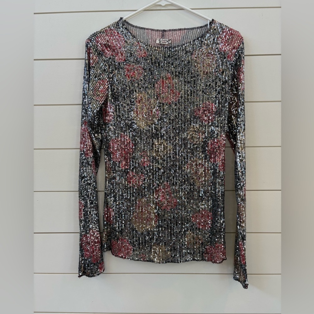 Free People Black Sequin Long-Sleeve Top with Pink & Gold Floral